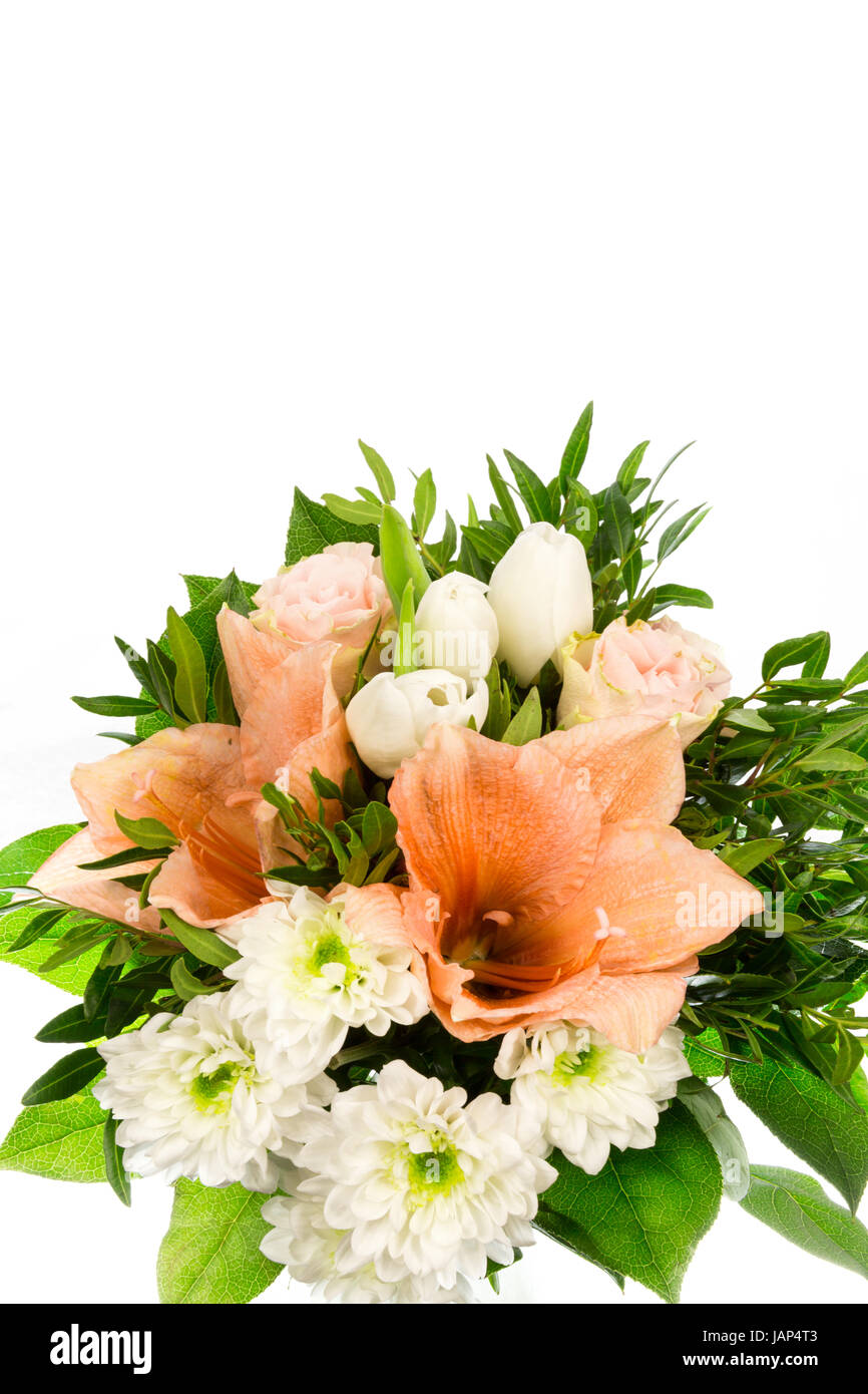Ein Blumenstrauss mit Rosen, Amaryllis und Chrysanthemen Foto de stock