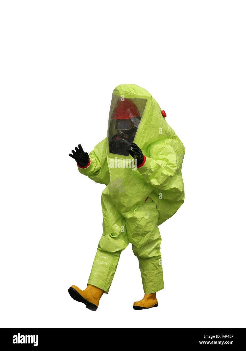 Hombre con un amarillo traje de protección contra las radiaciones y agentes  químicos sobre fondo blanco Fotografía de stock - Alamy