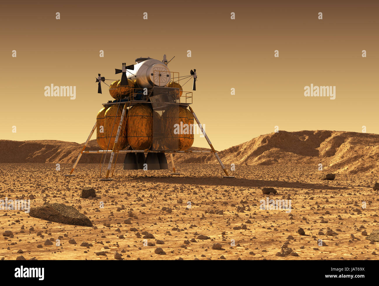El módulo de descenso de la estación espacial interplanetario sobre la superficie del planeta Marte. Ilustración 3D. Foto de stock