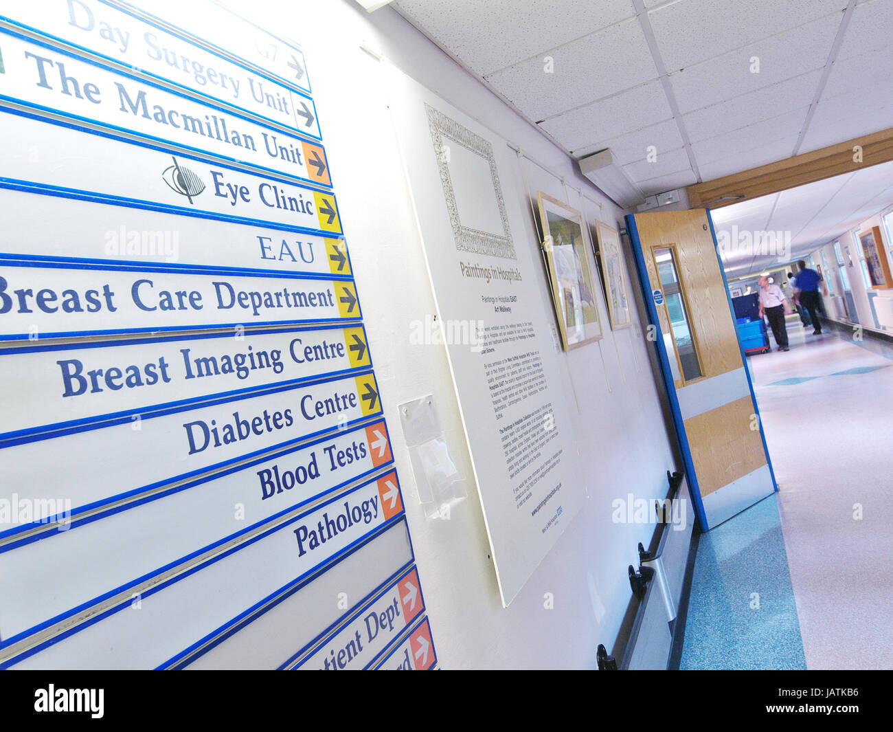 Señalización del Hospital NHS EN EL REINO UNIDO el hospital con el paciente a través de puertas y pasillos de desenfoque Foto de stock