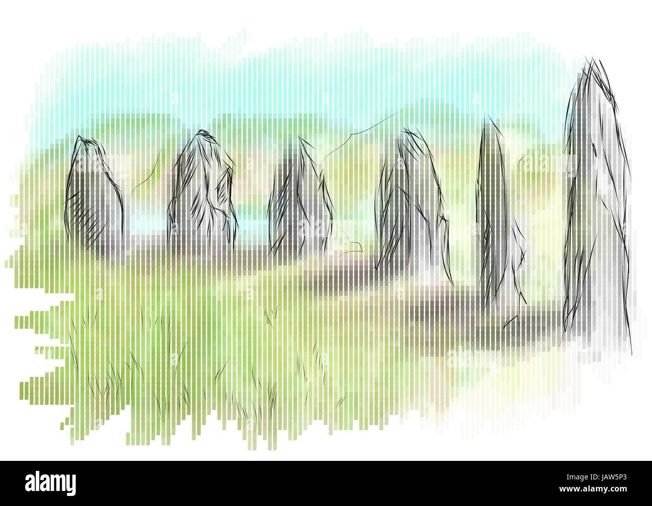 Orkney, un círculo de piedra neolítica y henge, que es parte de la Heart of Neolithic Orkney Sitio del Patrimonio Mundial Ilustración del Vector