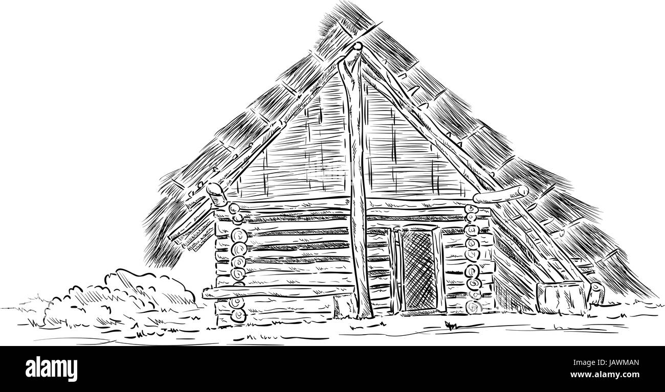 Vector Prehistoria Cabanas De Madera Y Canas Dibujo A Mano Alzada Fotografia De Stock Alamy