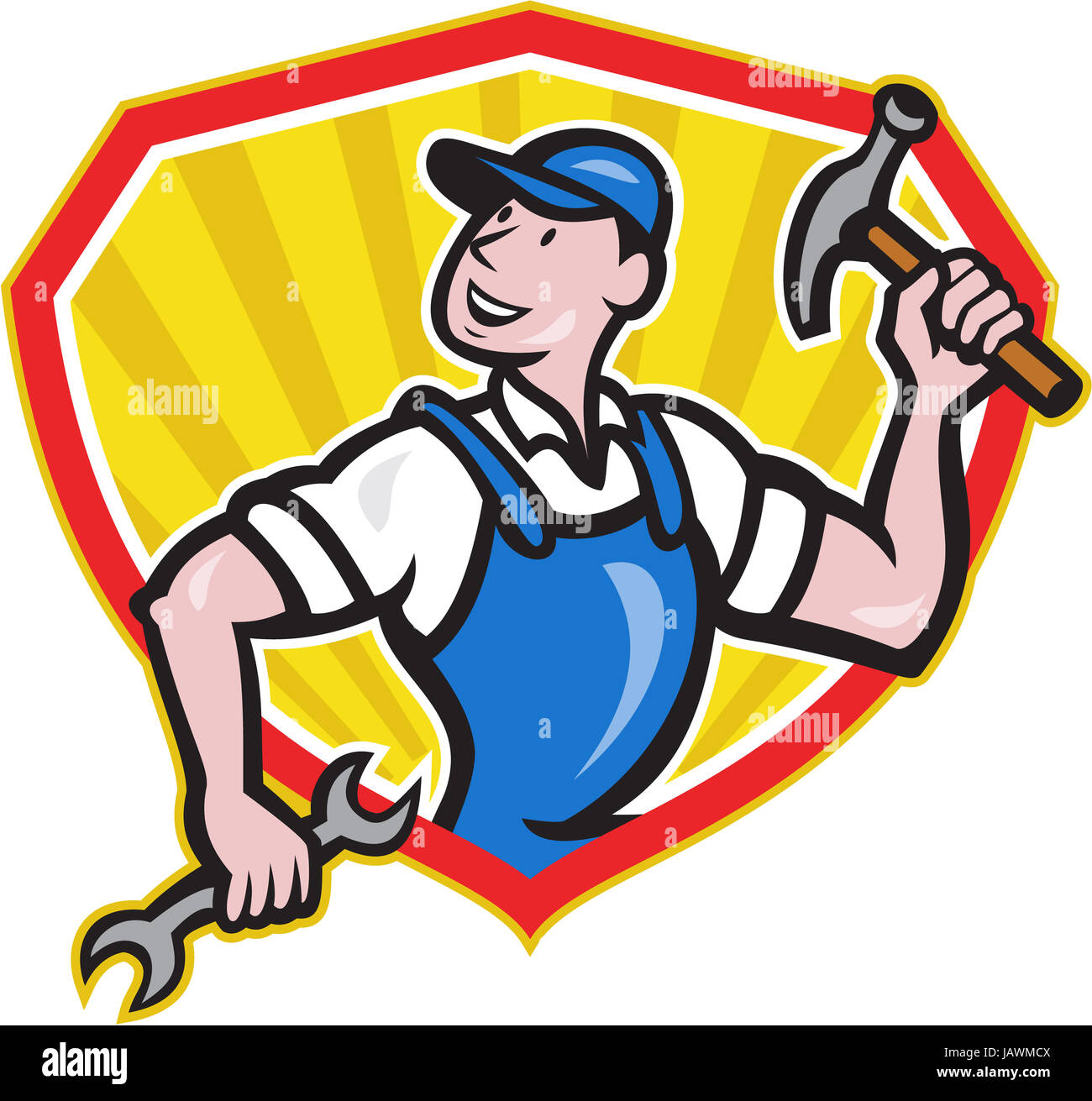 Ilustración de un carpintero constructor, trabajador de la construcción con  un martillo en una mano y una llave inglesa en el otro lado en busca de  establecer dentro de la protección realizada