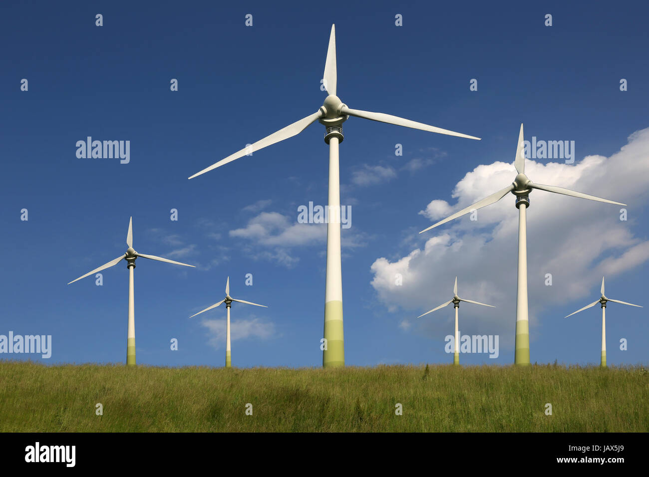 Windräder auf einer Wiese, Thema Energie, Umwelt und Umweltschutz Foto de stock
