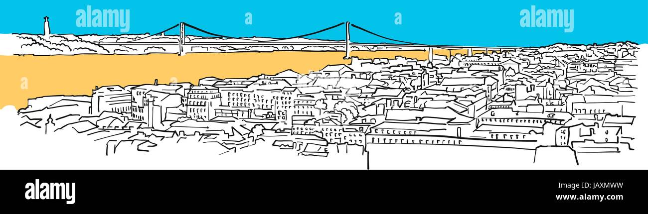 Lisboa (Portugal), Panorama de colores, llena de azul y amarillo de forma más destacados. Paisaje Urbano escalable ilustración vectorial Ilustración del Vector