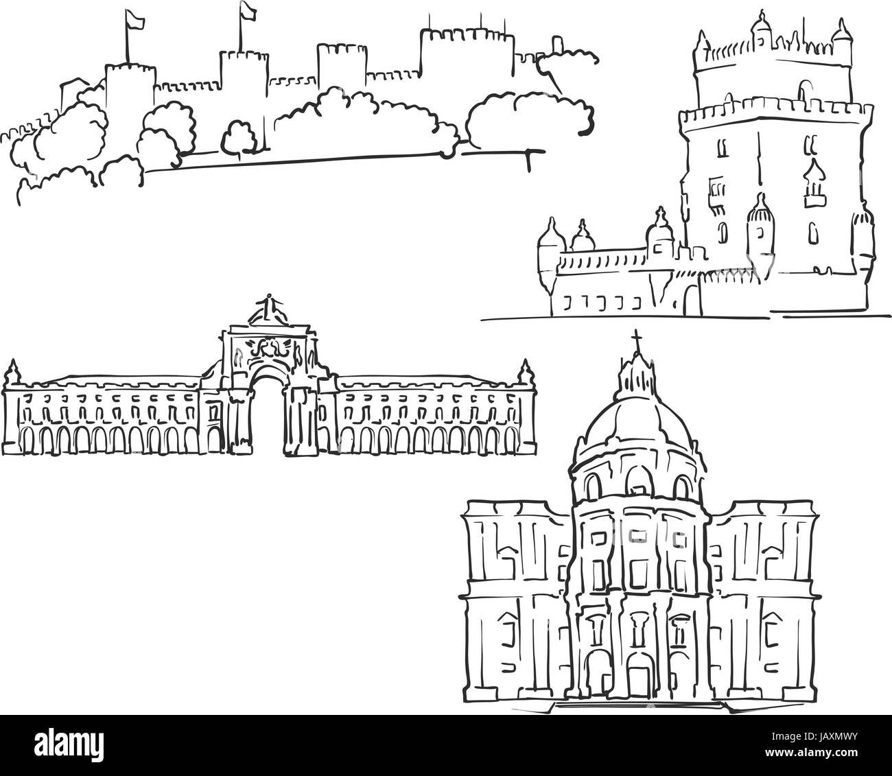 Lisboa, Portugal, edificios famosos monocromos, esbozó los viajes de hitos, Scalable Vector ilustración Ilustración del Vector