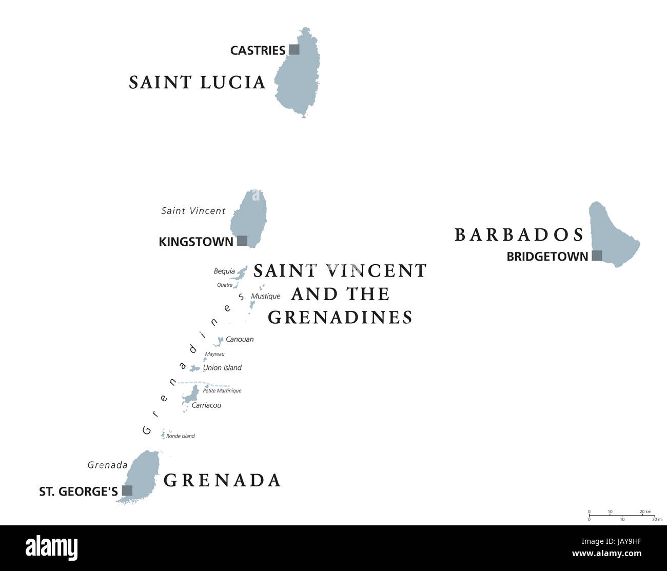 Barbados, Granada, Santa Lucía, San Vicente y las Granadinas mapa político. Islas del Caribe, parte de Antillas Menores y las Islas de Barlovento. Foto de stock