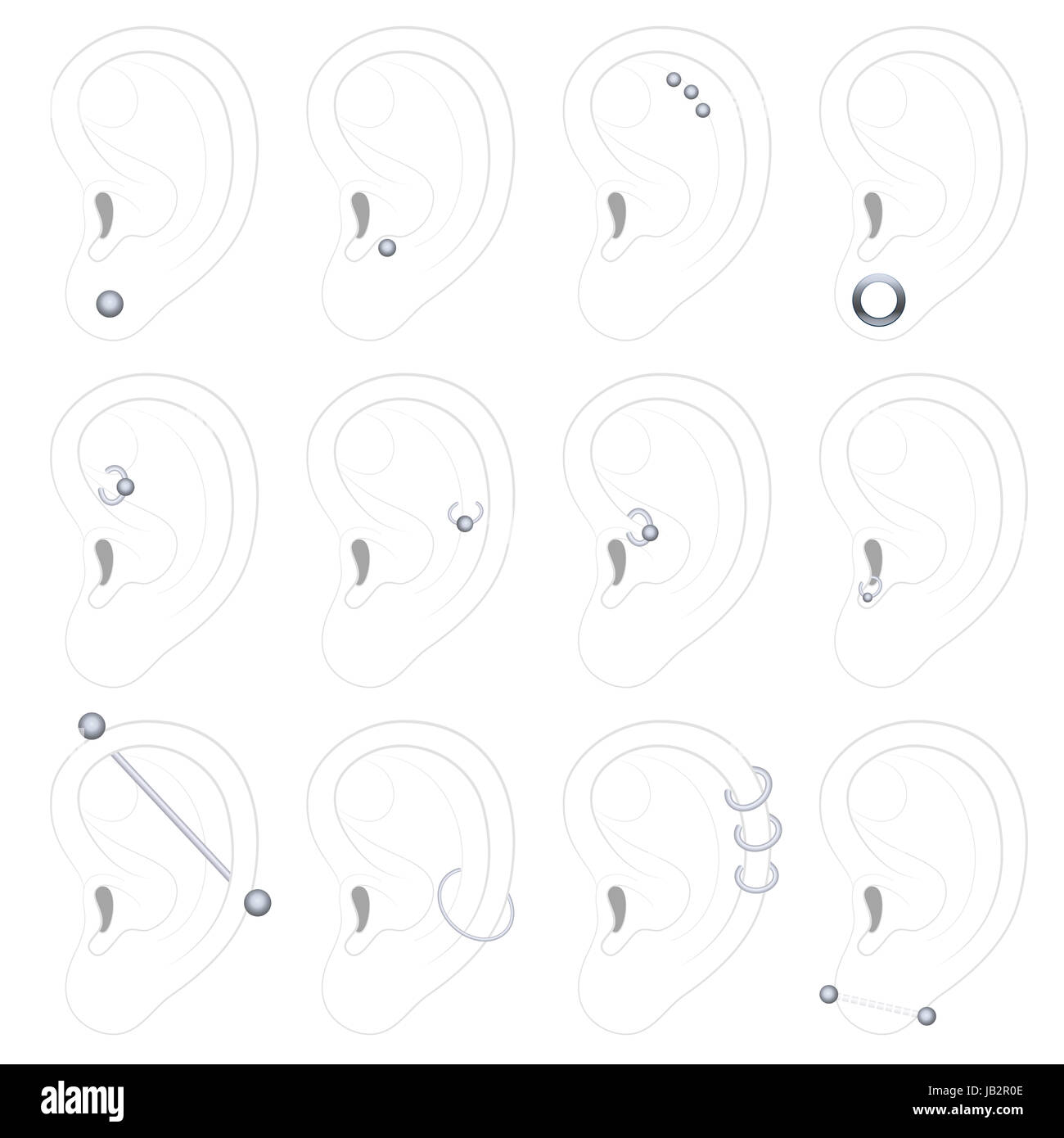 La perforación de las orejas ejemplos - doce tipos diferentes - Ilustración sobre fondo blanco. Foto de stock