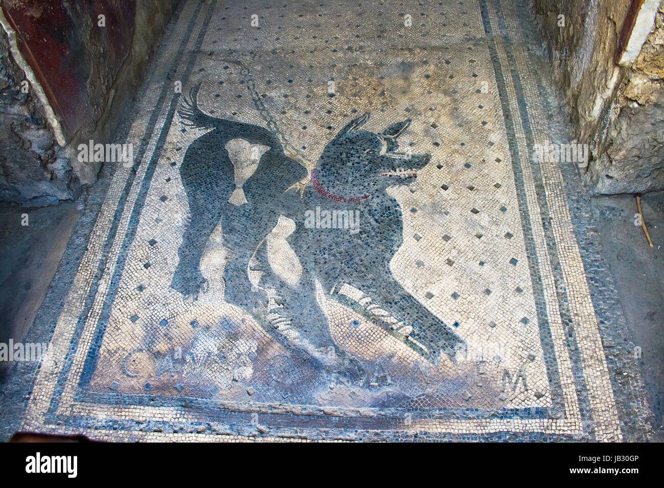Cave Canem Cuidado con el perro mosaico en Pompeya, Italia Foto de stock