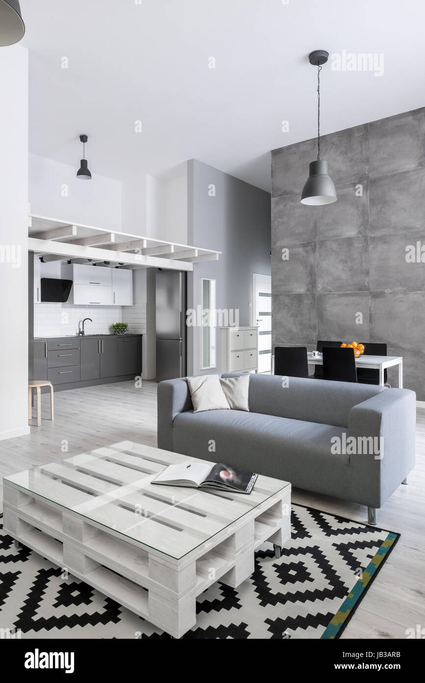 Moderna sala de estar con sofá gris, tabla de palet y alfombra de patrón  Fotografía de stock - Alamy
