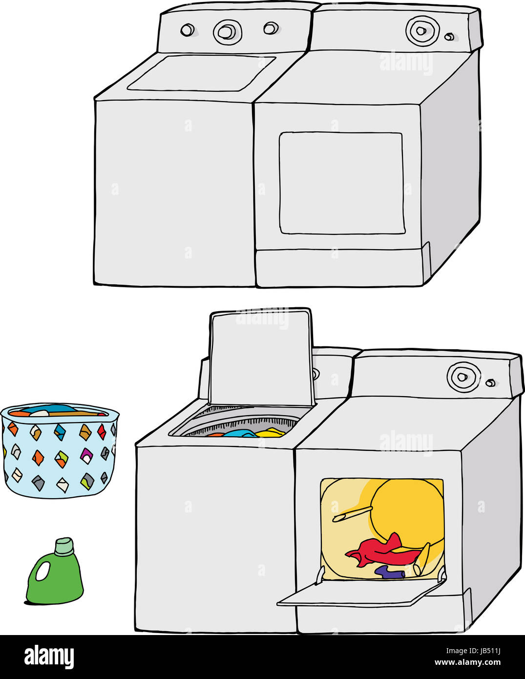 Lavadora y dibujos animados con jabón y ropa Fotografía de stock - Alamy