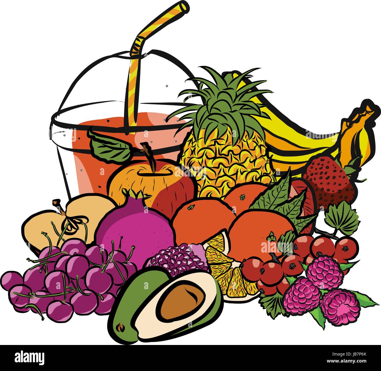 Las frutas de verano fresco y batido para ir, ilustraciones en color  blanco, separados en la recolección de alimentos frescos, limpios Handdrawn  Boceto de verano Imagen Vector de stock - Alamy