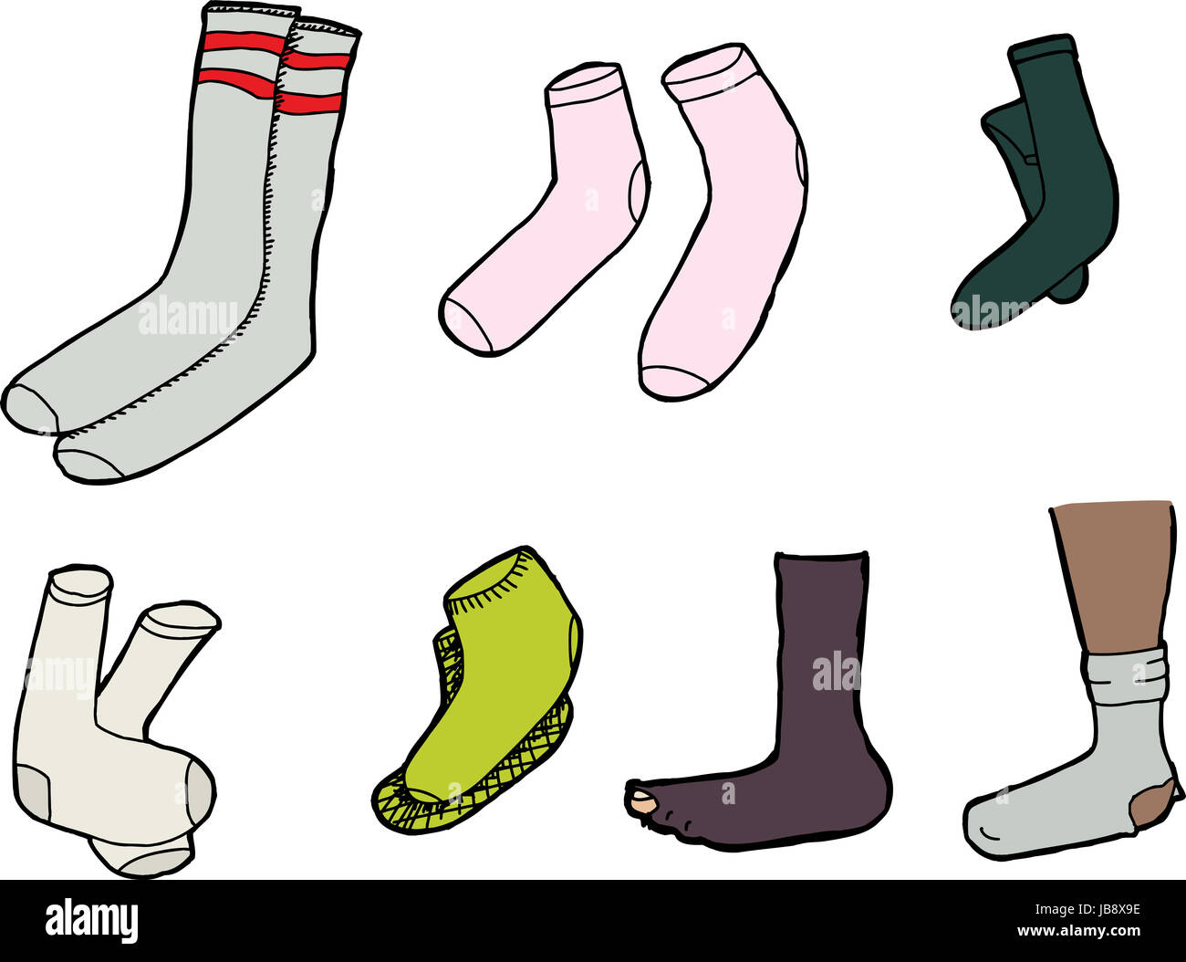 Varios calcetines caricaturas sobre fondo blanco aislado de - Alamy