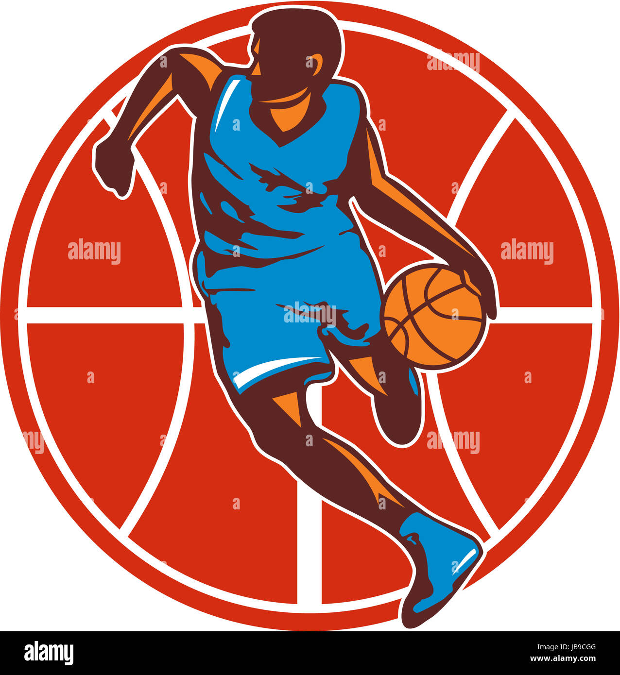 Ilustración de una silueta del jugador de baloncesto, pelota rebotando