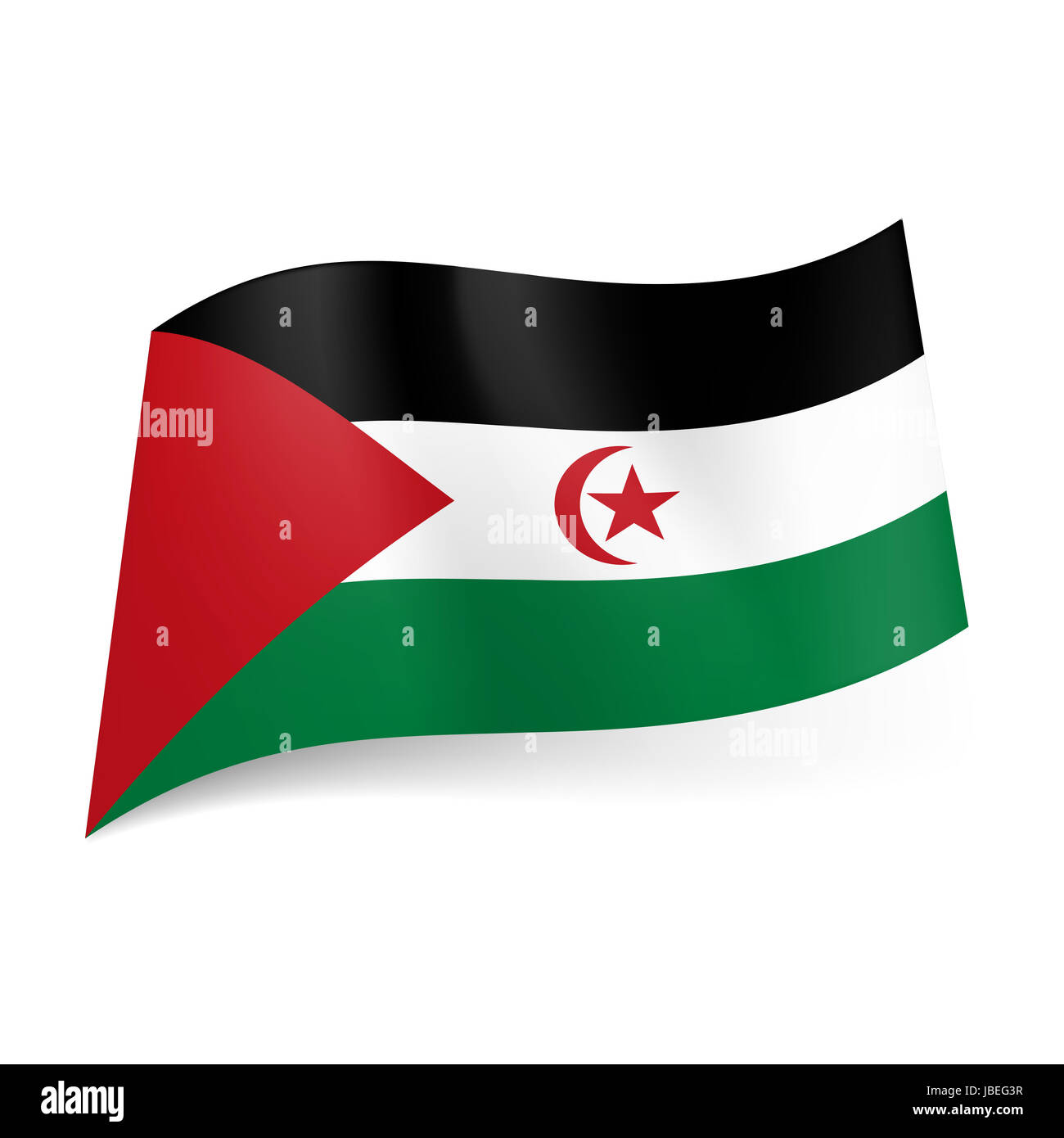 La bandera nacional de la República Árabe Saharaui Democrática. Negro,  blanco y verde de franjas horizontales con un triángulo rojo, media luna y  la estrella Fotografía de stock - Alamy