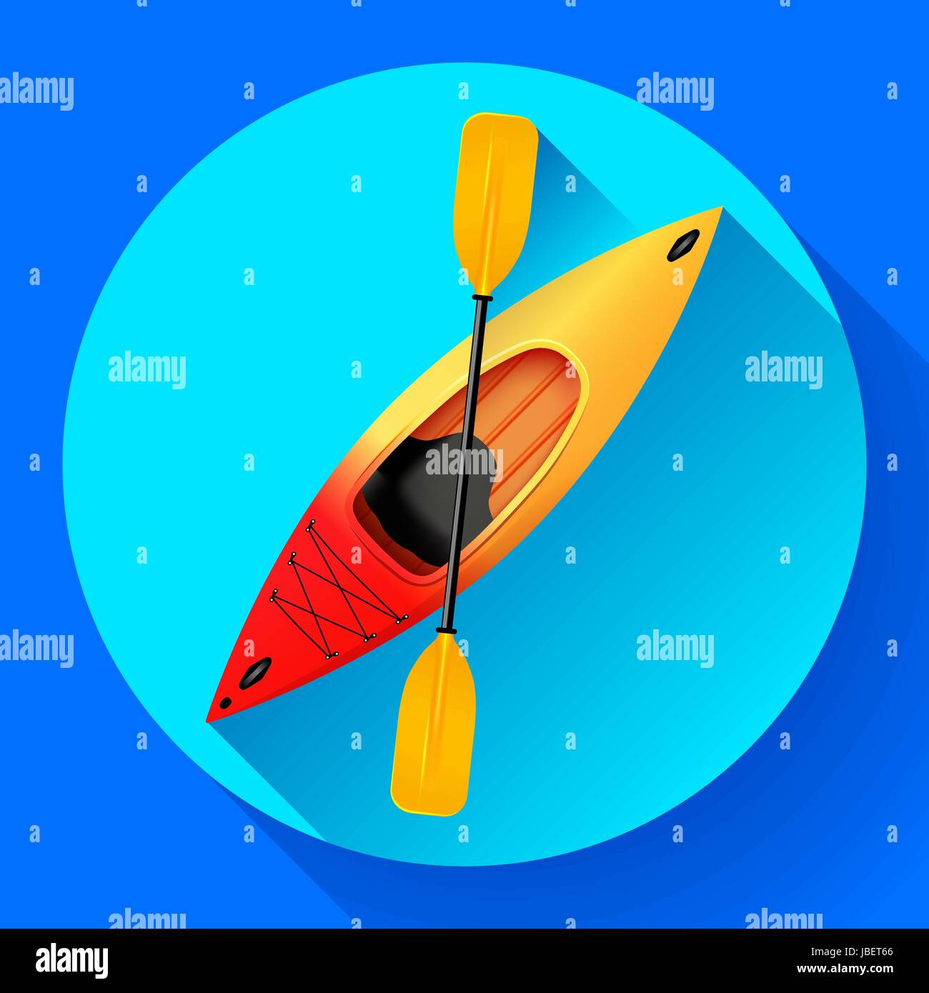 Icono de kayaks y palas de vector. Actividades al aire libre. Amarillo Rojo kayak kayak de mar, icono plano Ilustración del Vector