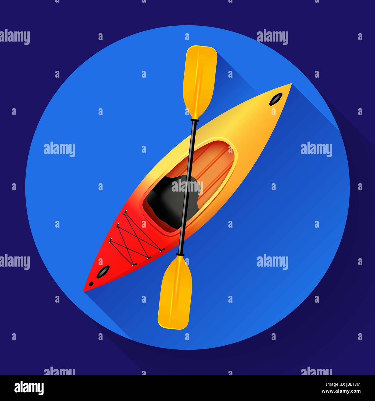 Icono de kayaks y palas de vector. Actividades al aire libre. Amarillo Rojo kayak kayak de mar, icono plano Ilustración del Vector