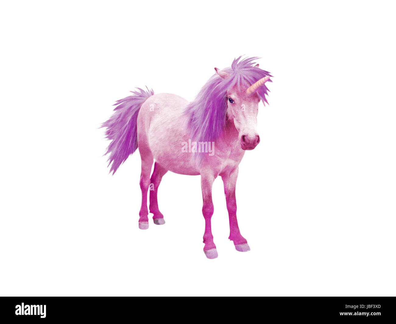 Rosa bebé unicornio caballo con crines y cola violeta aislado en blanco Foto de stock