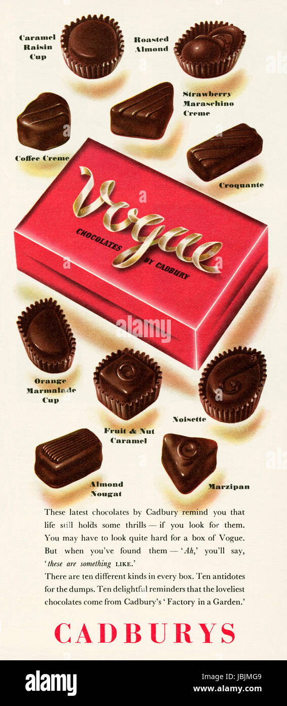 Un anuncio para un cuadro de selección de chocolates Cadbury's Vogue con diez diferentes sabores en cada caja - apareció en una revista publicada en el Reino Unido en 1947 Foto de stock