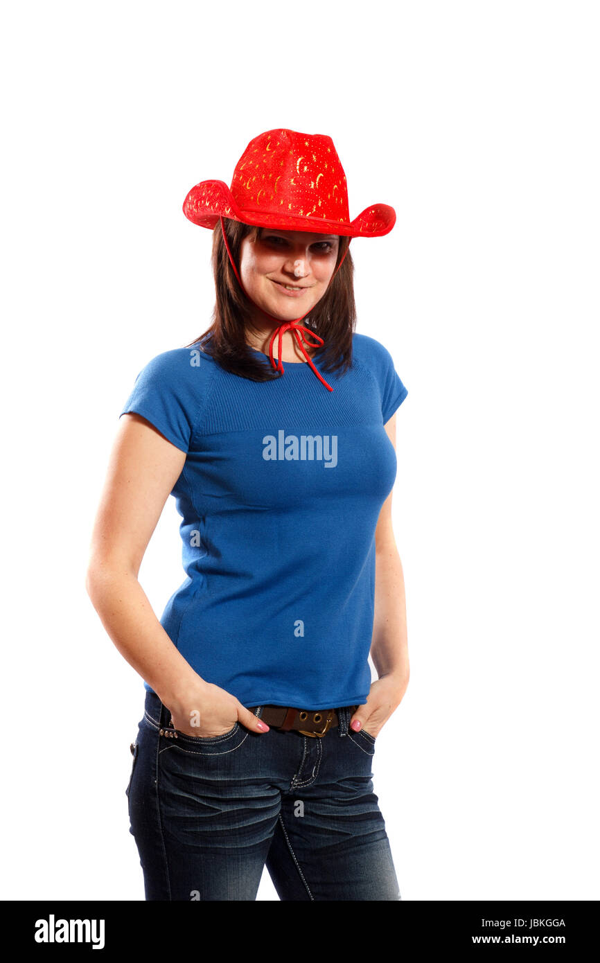 Una mujer con un sombrero vaquero de color rojo sobre fondo blanco  Fotografía de stock - Alamy