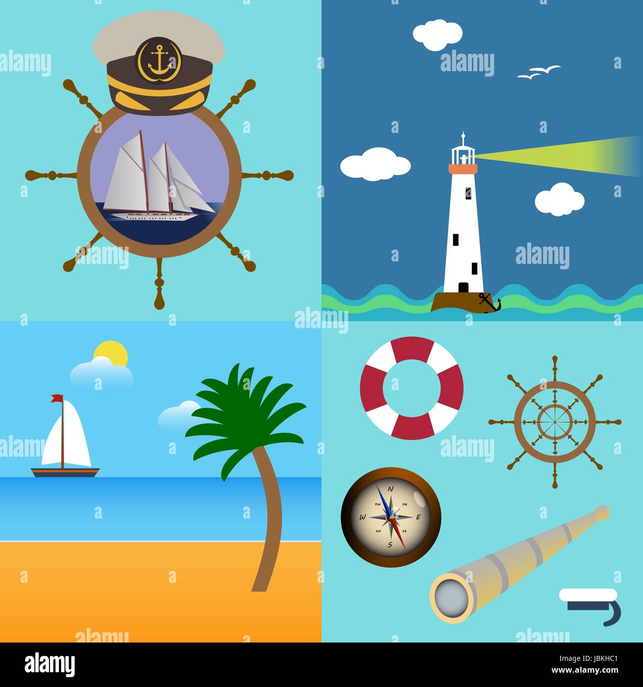 Cuatro mar con descripción de faro, el barco sobre la playa con palmeras y  nubes, capitán sombrero en la rueda con el barco y el mar ilustración  vectorial de conjunto de iconos