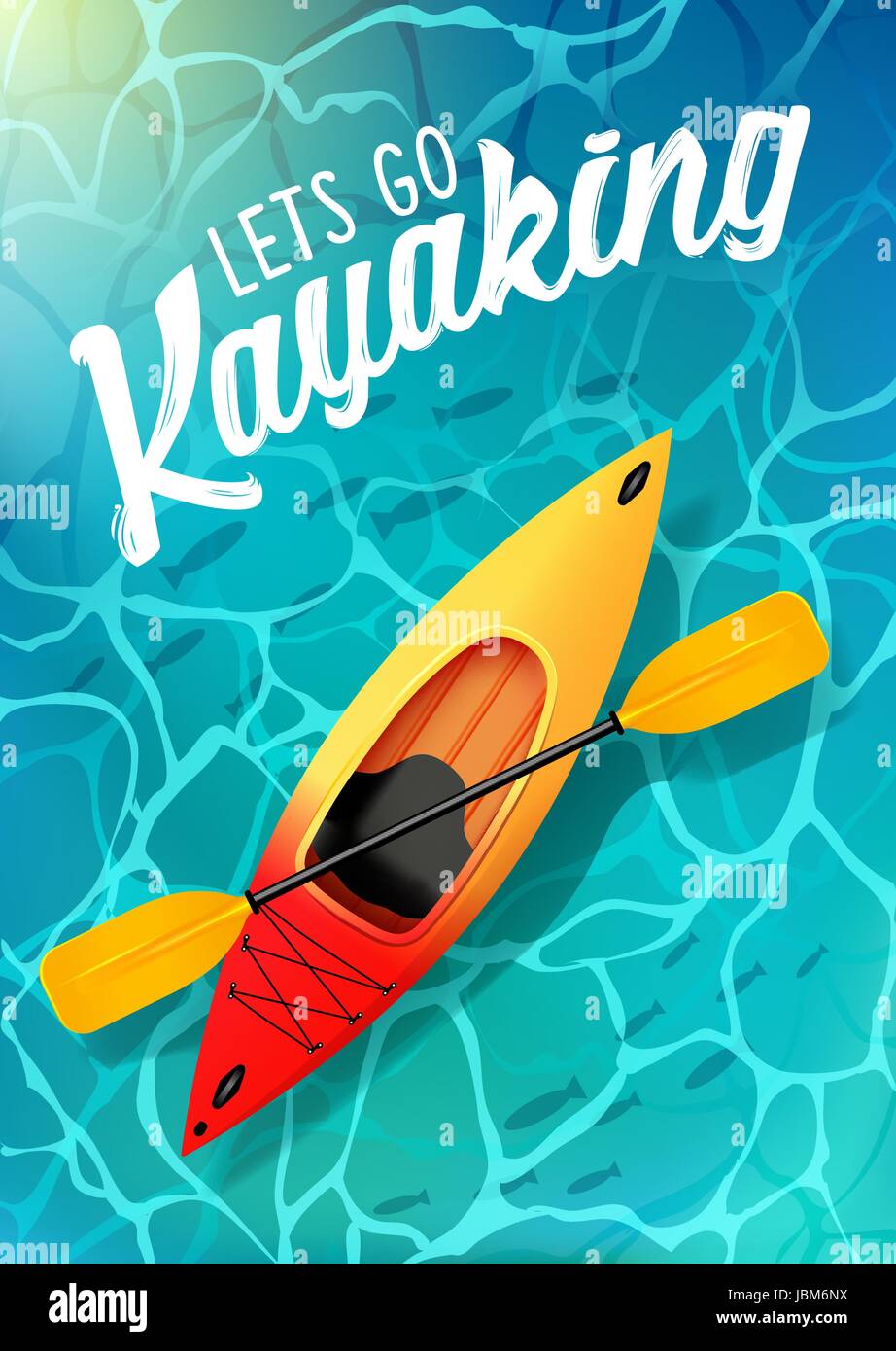 Permite ir en kayak de mar de agua póster de verano vista desde arriba. Kayak y remo Ilustración del Vector