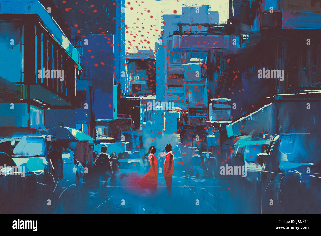 El hombre y la mujer en rojo de pie en ciudad azul con estilo de arte digital, ilustración pintura Foto de stock