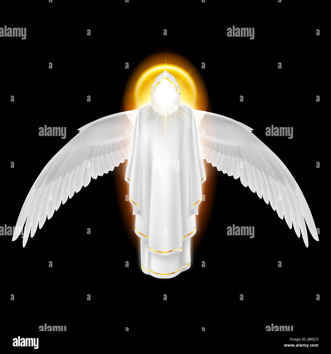Los dioses ángel guardián en vestido blanco con dorado resplandeciente y  alas abajo sobre fondo negro. Imagen de los arcángeles. Concepto religioso  Fotografía de stock - Alamy