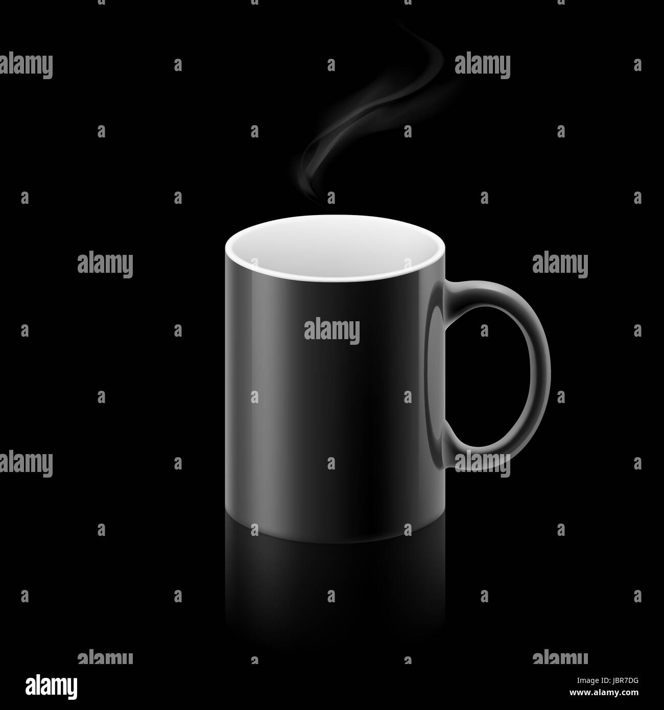 Oficina Negro Taza Con Un Pequeño Chorro De Humo Encima Sobre Fondo Negro Fotografía De Stock