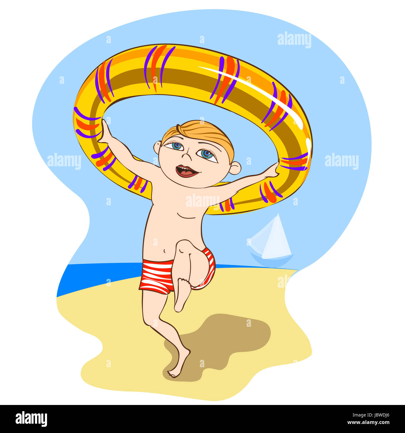 Chico con anillo de caucho que corre a lo largo de la orilla del mar  Fotografía de stock - Alamy