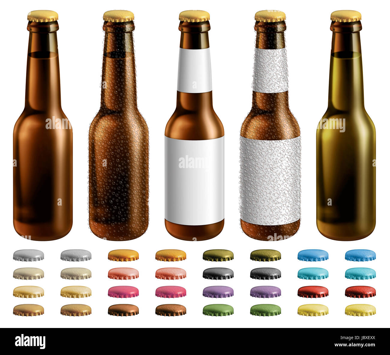 Ilustración digital de las botellas de cerveza con y sin etiquetas en  blanco y gotas de condensación. Se incluyen tapas opcionales adicionales  Fotografía de stock - Alamy
