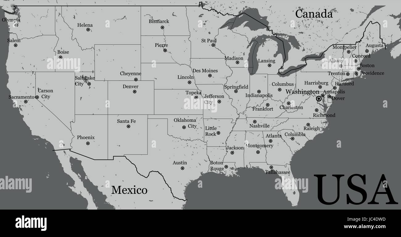 Mapa de EE.UU. aislado en blanco sobre fondo gris. Estados Unidos de
