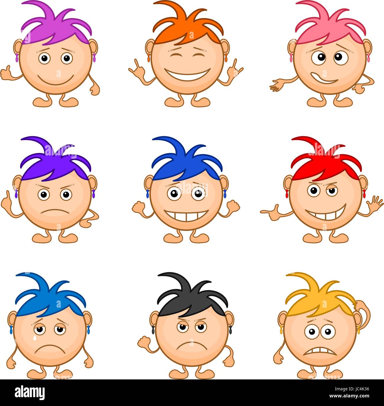Conjunto de dibujos animados emoticonos sonrientes, las chicas con cabello coloreado, caras iconos simbolizando diversas emociones humanas. Vector Imagen Vector de stock - Alamy Conjunto de dibujos animados emoticonos sonrientes, las chicas con cabello coloreado, caras iconos simbolizando diversas emociones humanas. Vector Imagen Vector de stock - Alamy