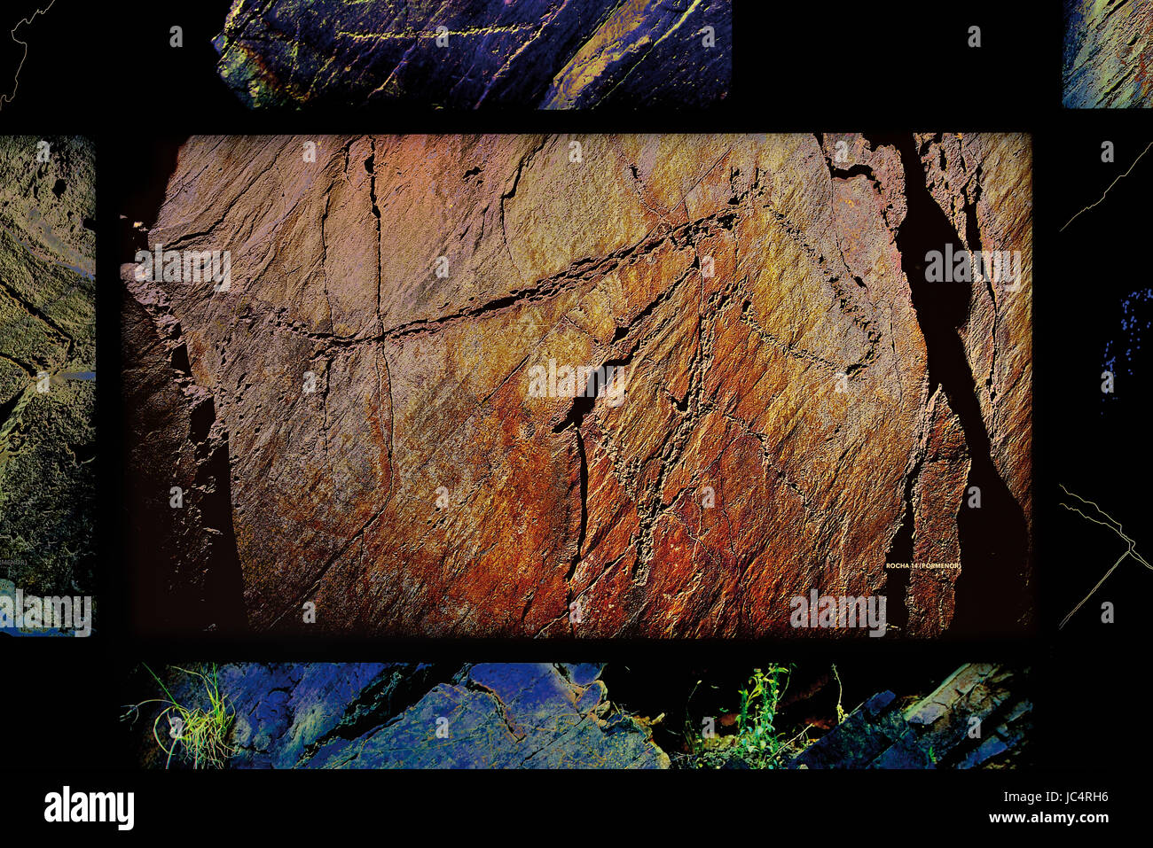 Panel Digital dentro del COA Museo mostrando el paleolítico grabado de un caballo "Cavalo da Rocha 14' en Canadá do Inferno Foto de stock