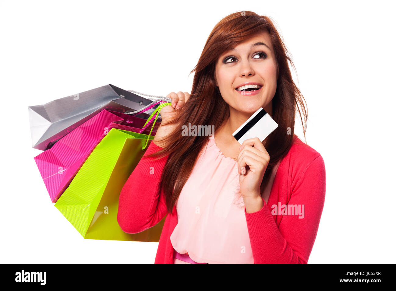 Soñar mujer con bolsas de compras y tarjeta de crédito Fotografía de stock  - Alamy