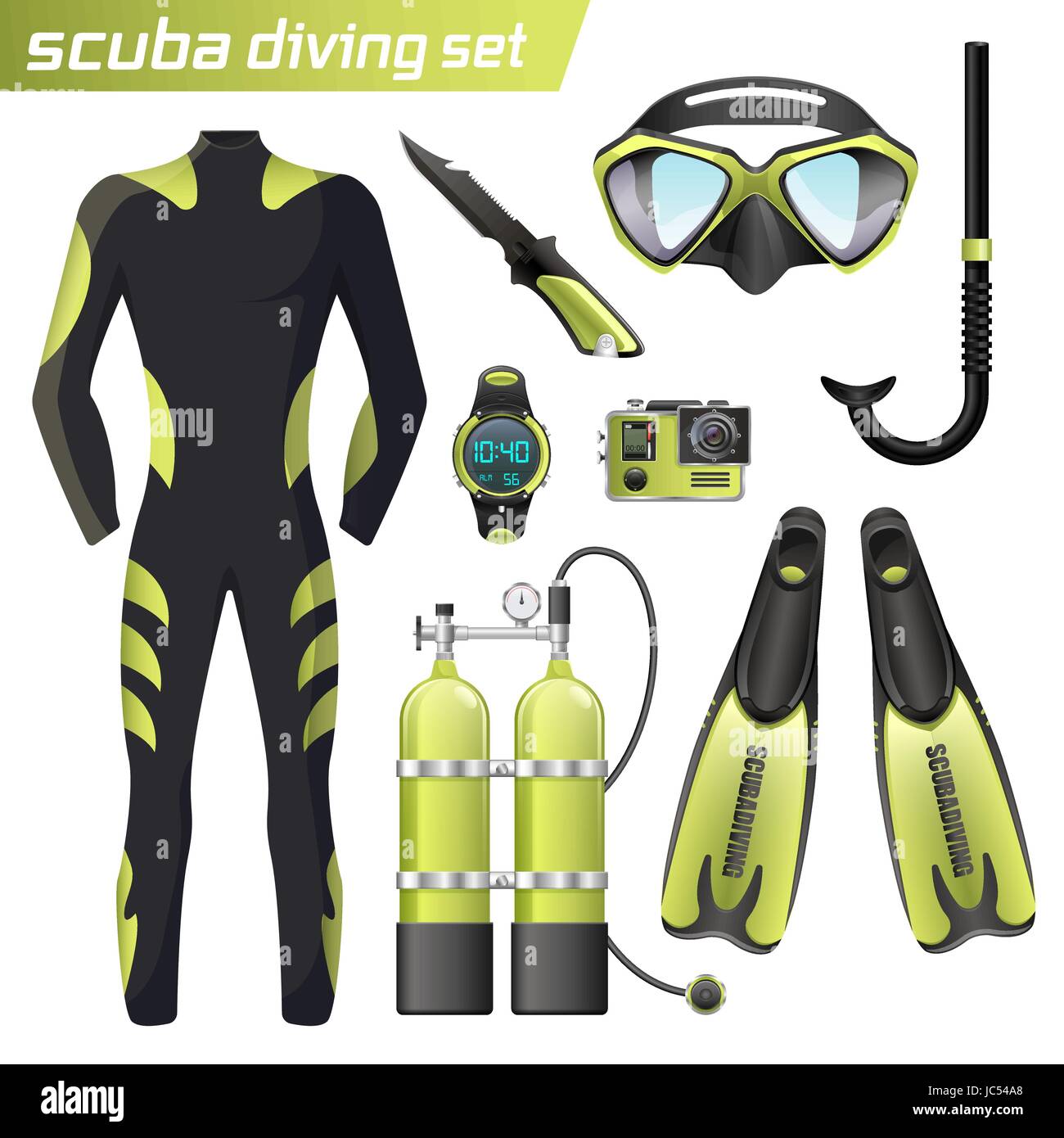 Realista, equipo de snorkel y buceo. Engranaje de buceo aislados. Traje