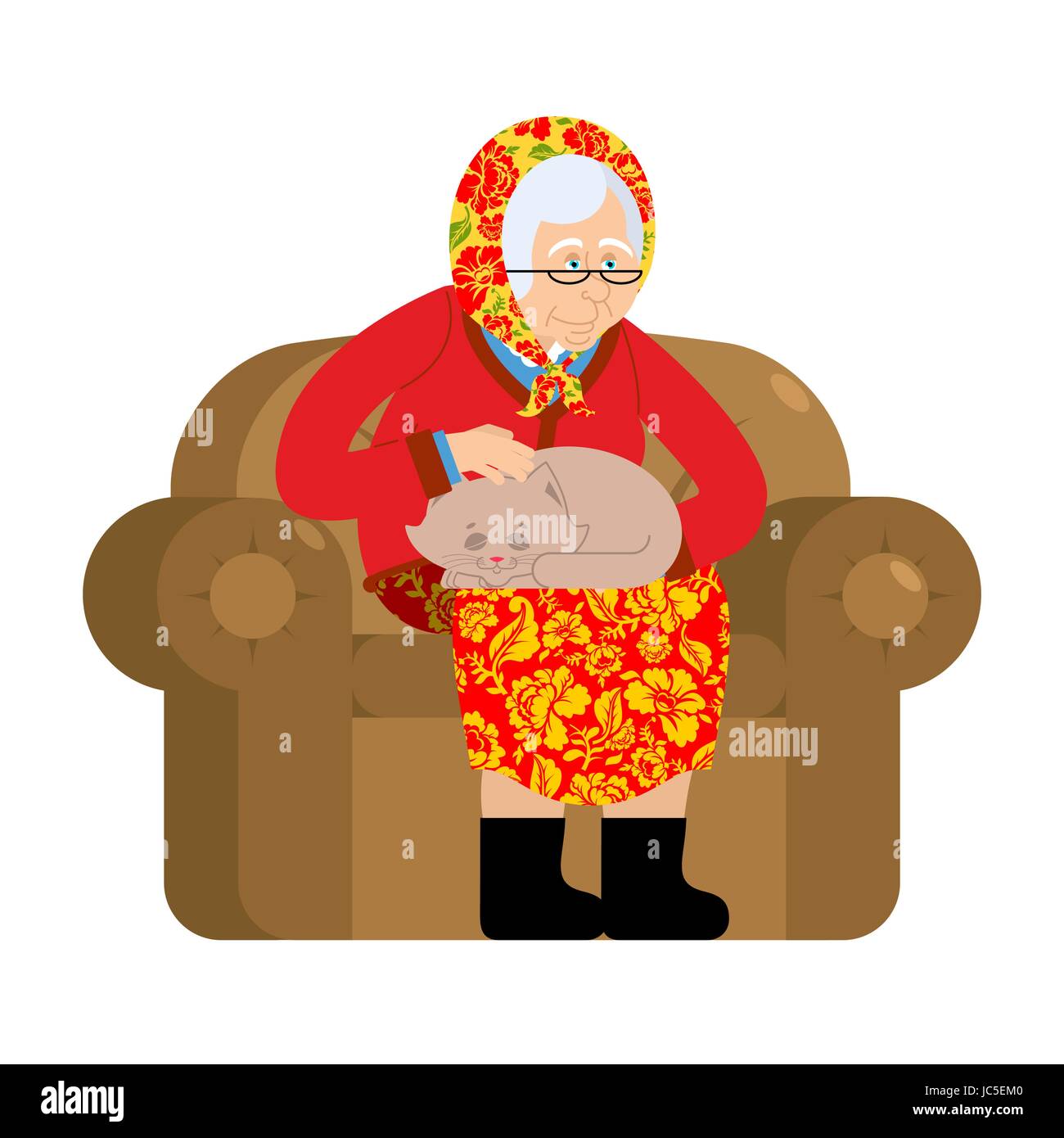 Federación de abuela y cat. anciana en un sillón con pet. La abuela desde  Rusia en botas de fieltro. Ropa nacional tradicional Imagen Vector de stock  - Alamy