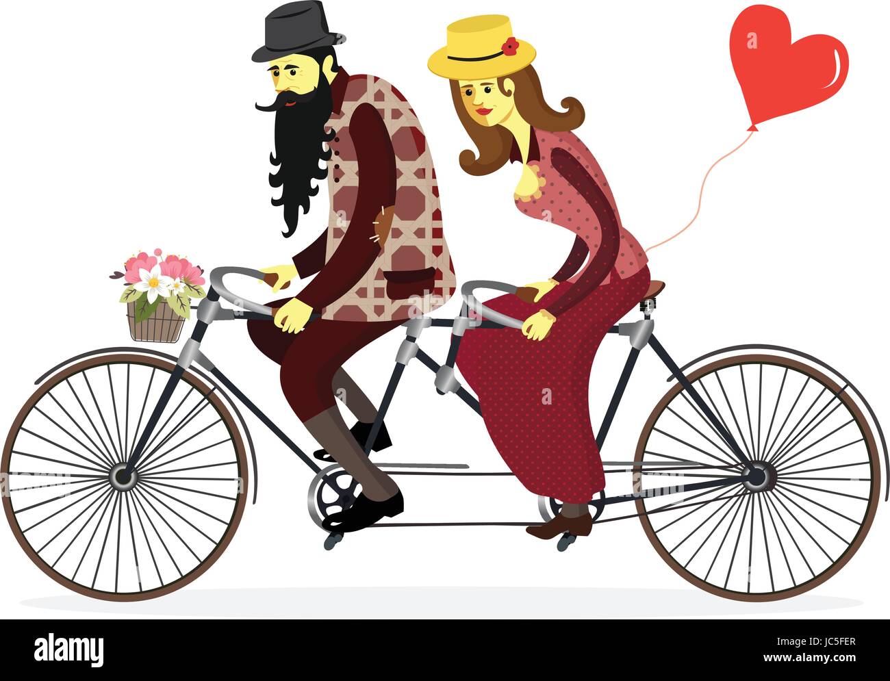 El hombre y la mujer, una pareja, montando bicicleta tándem juntos