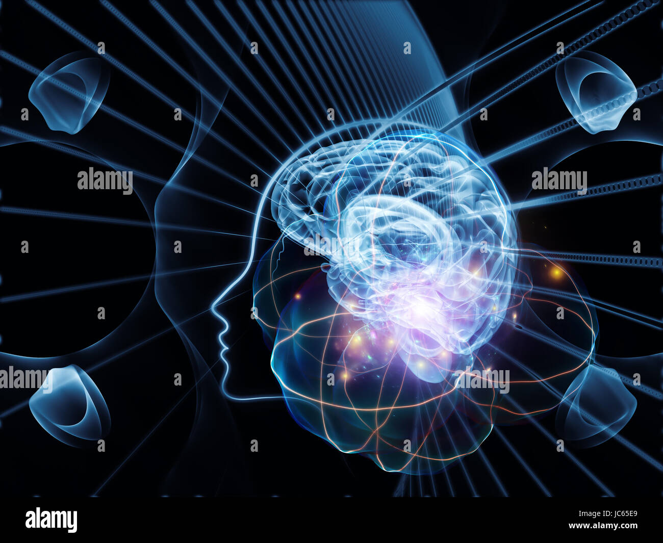 La mente humana serie. Diseño abstracto de cerebro humano, contornos y elementos fractales sobre el tema de la tecnología, la ciencia, la educación y la mente humana Foto de stock