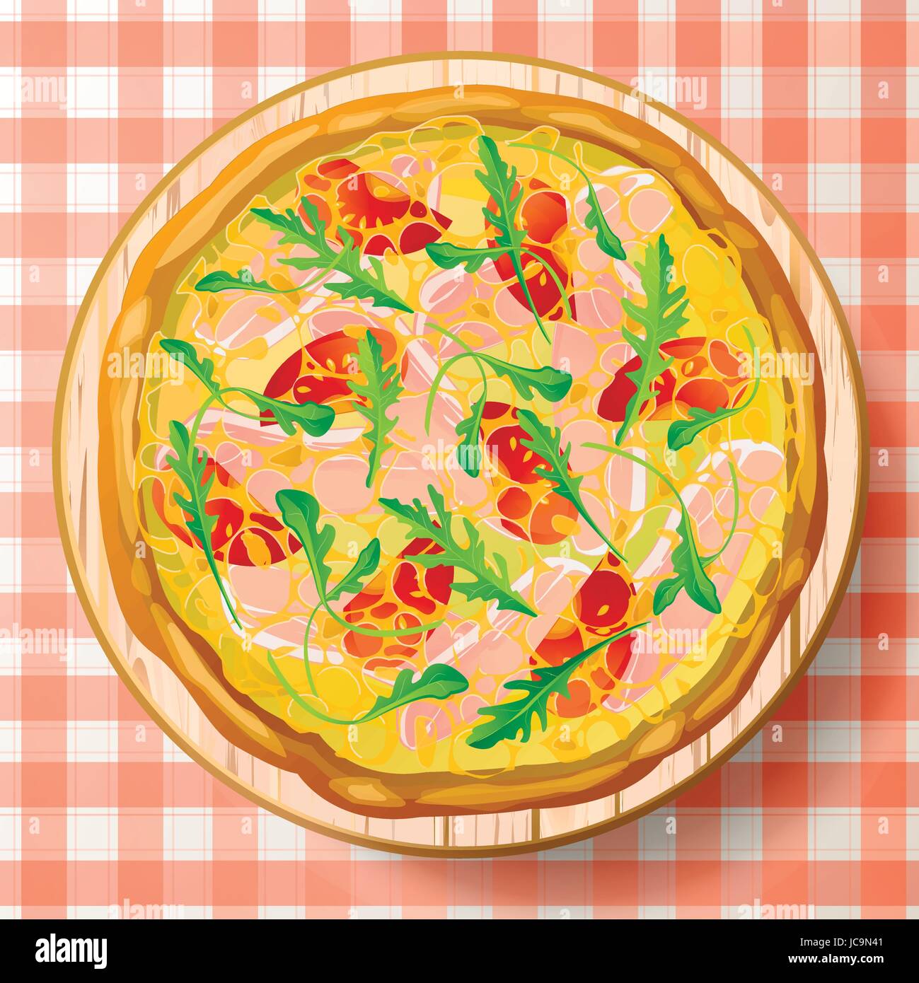Pizza con el prosciutto italiano, el jamón de Parma, queso mozzarella, tomate fresco, sabroso rúcula o rúcula, rúcula, rucoli, sobre la tabla de cortar de madera en rojo-whit Ilustración del Vector