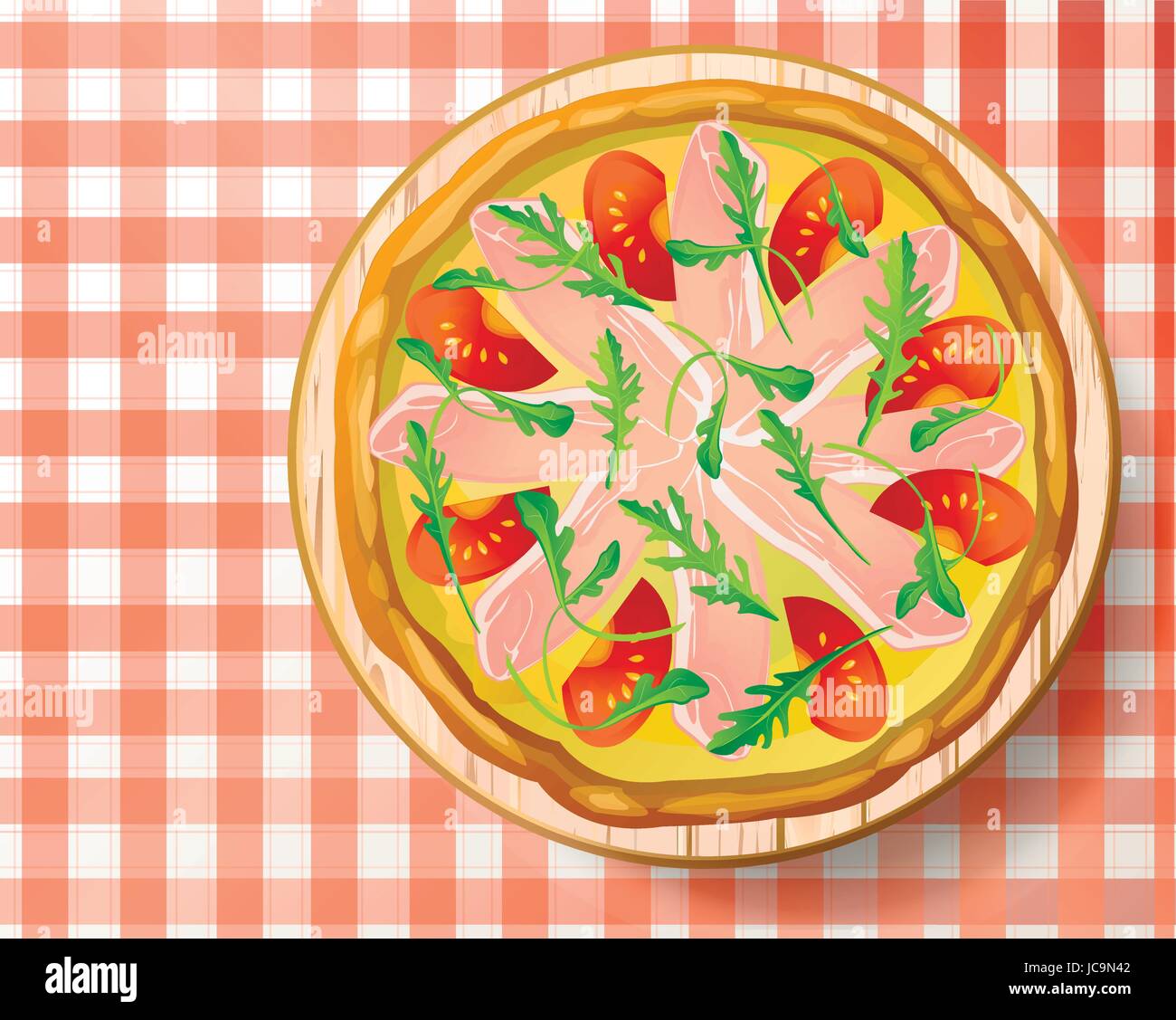 Pizza con el prosciutto italiano, el jamón de Parma, queso mozzarella, tomate fresco, sabroso rúcula o rúcula, rúcula, rucoli, rugula, sobre woode colewort, roquette Ilustración del Vector