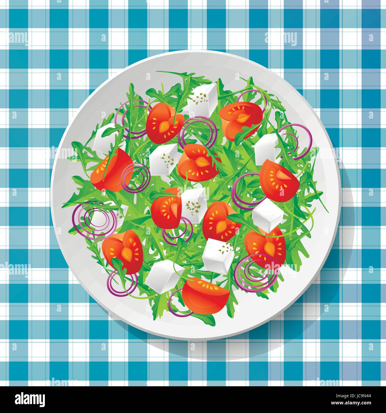 Ensalada de verduras frescas con sabrosos rúcula o rúcula, rúcula, tomates, queso feta, cebolla roja y orégano sobre placa blanca sobre el mantel azul .vista superior c Ilustración del Vector