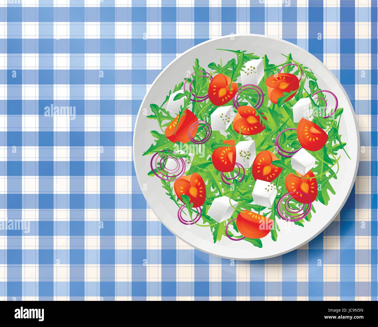 Ensalada de verduras frescas con sabrosos rúcula o rúcula, rúcula, tomates, queso feta, cebolla roja y orégano sobre placa blanca sobre el mantel azul .vista superior c Ilustración del Vector