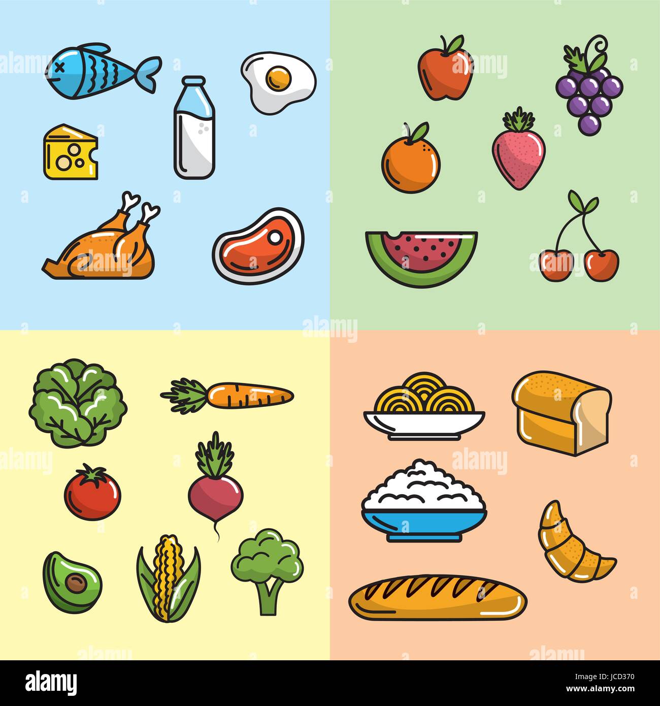 Establezca la nutrición frutas y verduras con proteínas y harinas Imagen  Vector de stock - Alamy