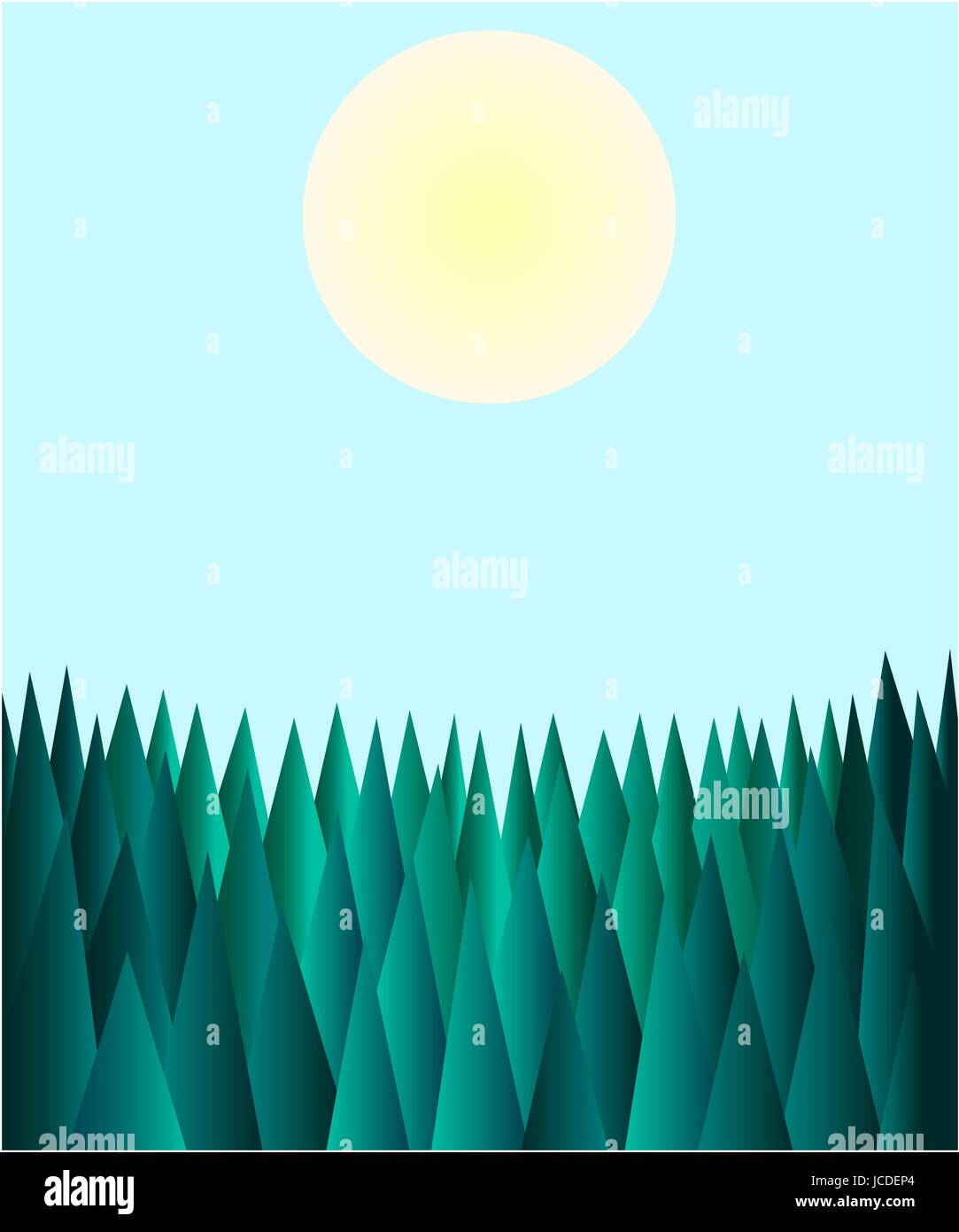 Abstract verde bosque polígono sobre un fondo de cielo azul y sol Ilustración del Vector