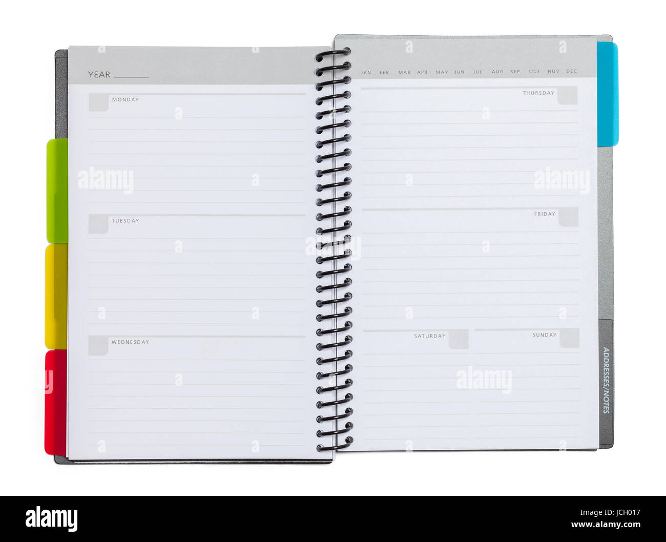Planificador de calendario aislado sobre fondo blanco. Foto de stock