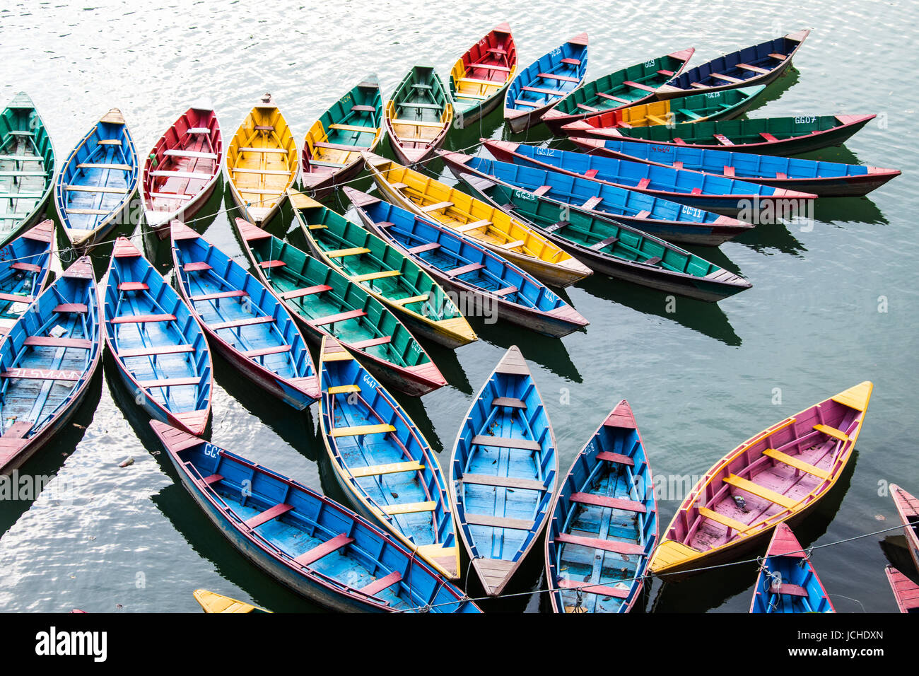 Coloridos botes de remo, el lago Phewa, Pokhara, Nepal Foto de stock