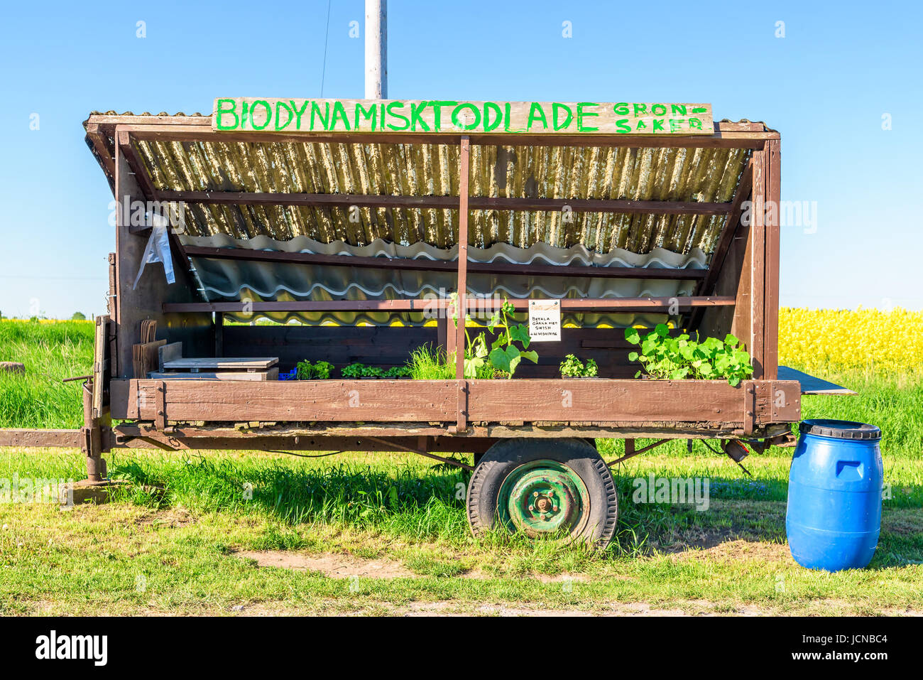 Öland, Suecia - 28 de mayo de 2017: Documental Ambiental. No tripulados vegetal desatendida o kiosco en el pequeño remolque vendiendo orgánica y productos locales. Foto de stock