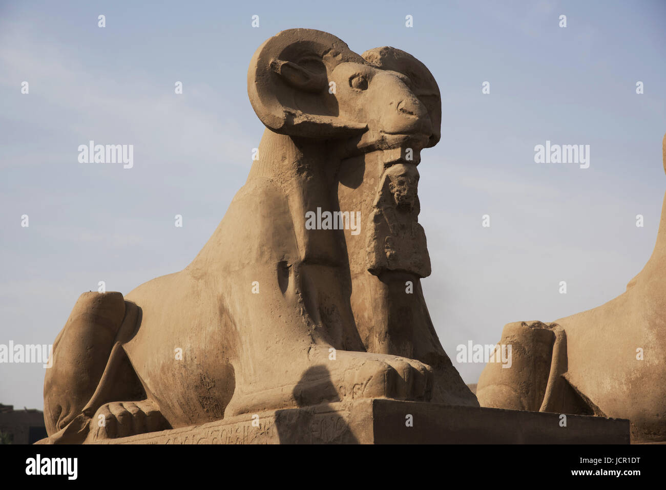 Corredor de esfinges del dios Amon Ra, cuerpo de león y cabeza de una oveja, para proteger su propio templo hecho por el Rey Nectanebu, situada en los márgenes Foto de stock