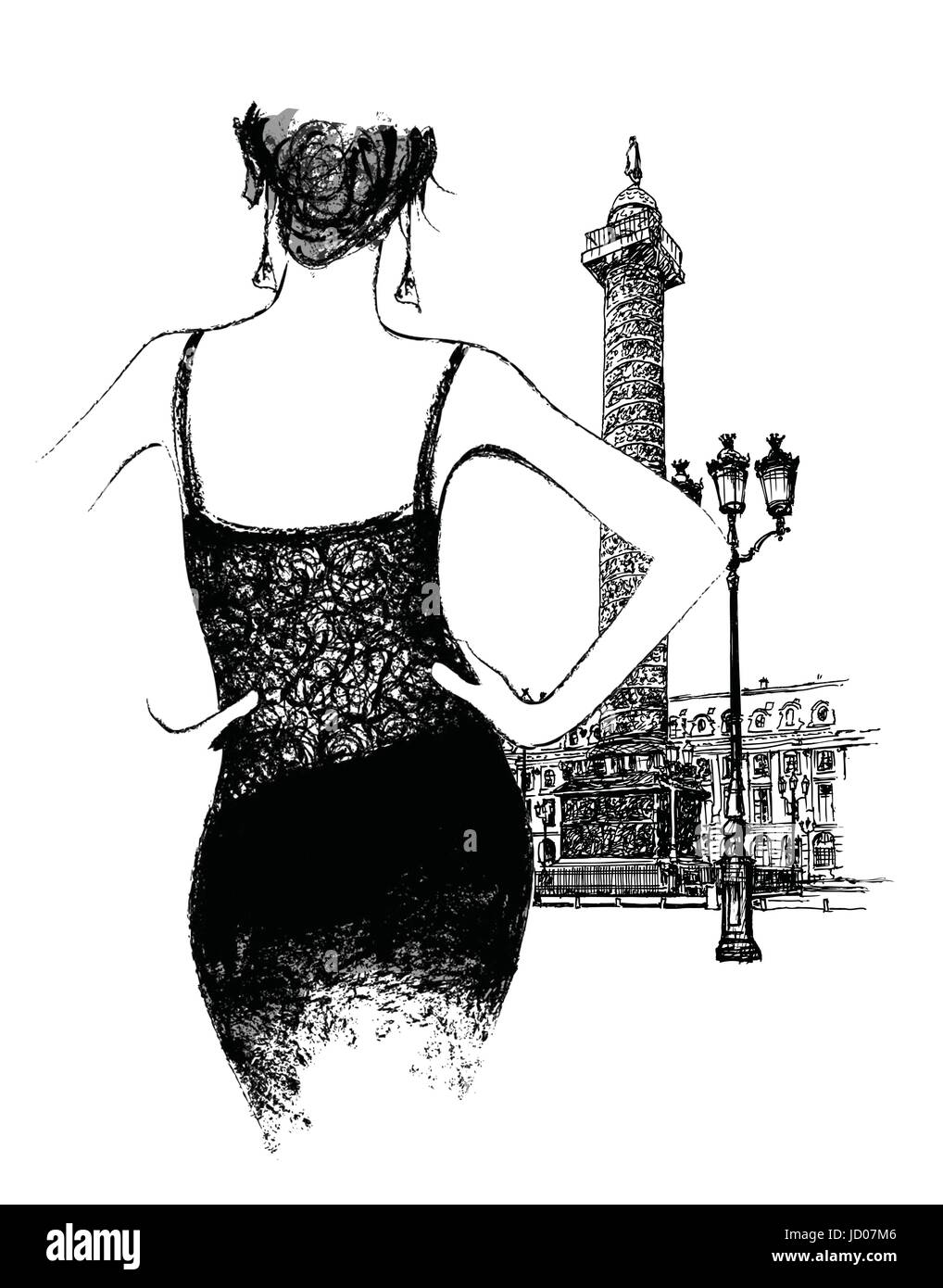 Joven modelo "de moda" en Place Vendome Paris - ilustración vectorial Ilustración del Vector
